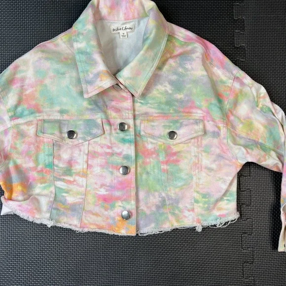 For Love &‎ Lemons Tie Dye Cropped Denim Jacket Frayed Hem Pastel Med Boho - Picture 4 of 10